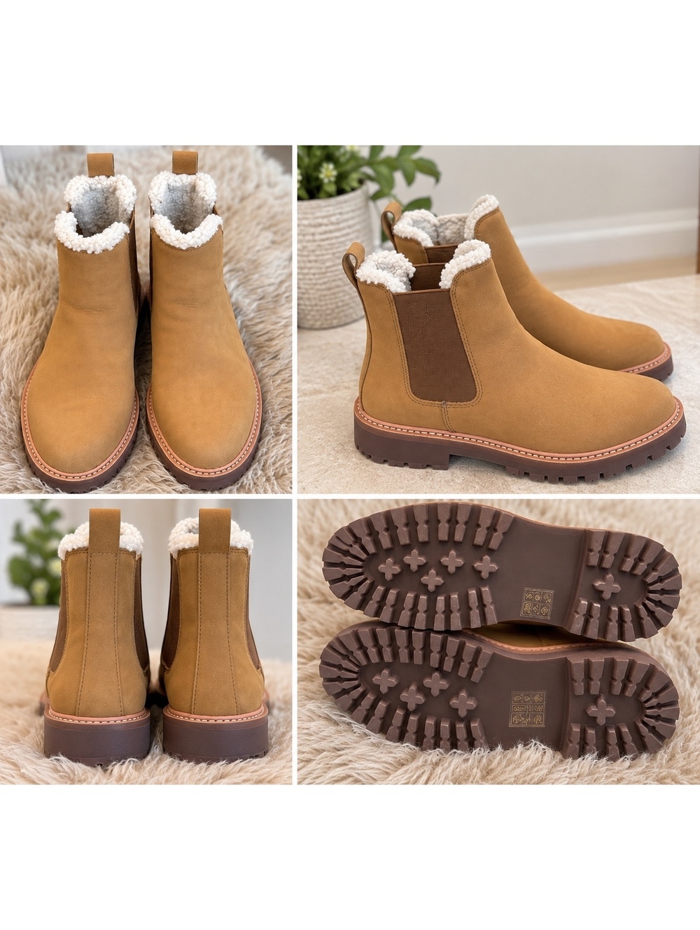J.Crew Sherpa-Lined Chelsea Boots Tan Camel Size 8 Lug Sole Ankle Boots